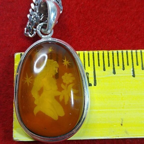Vintage Carved Amber Sterling Silver Pendant and Chain Cottagecore - Picture 12 of 12